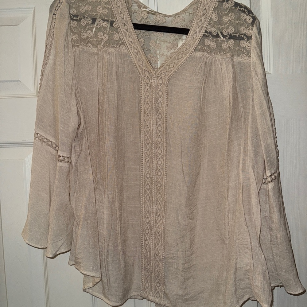 JohnPaulRichard Beige Lace Accent Blouse